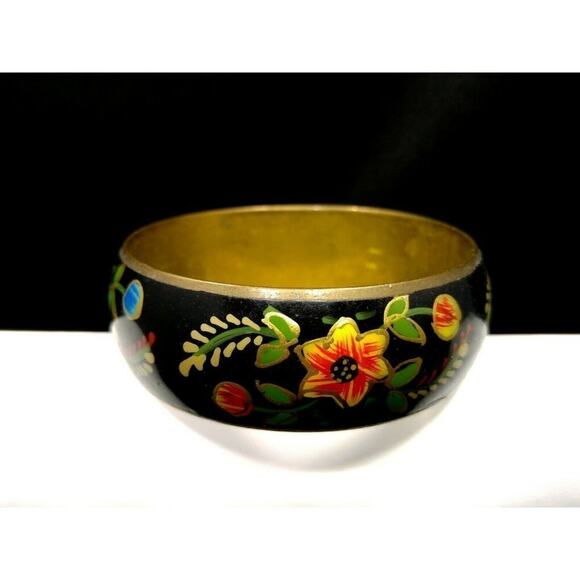 Vintage Wide Brass Hand Painted Flower Bracelet, Gold Accents, 1970s, 8 Inches - Picture 5 of 10
